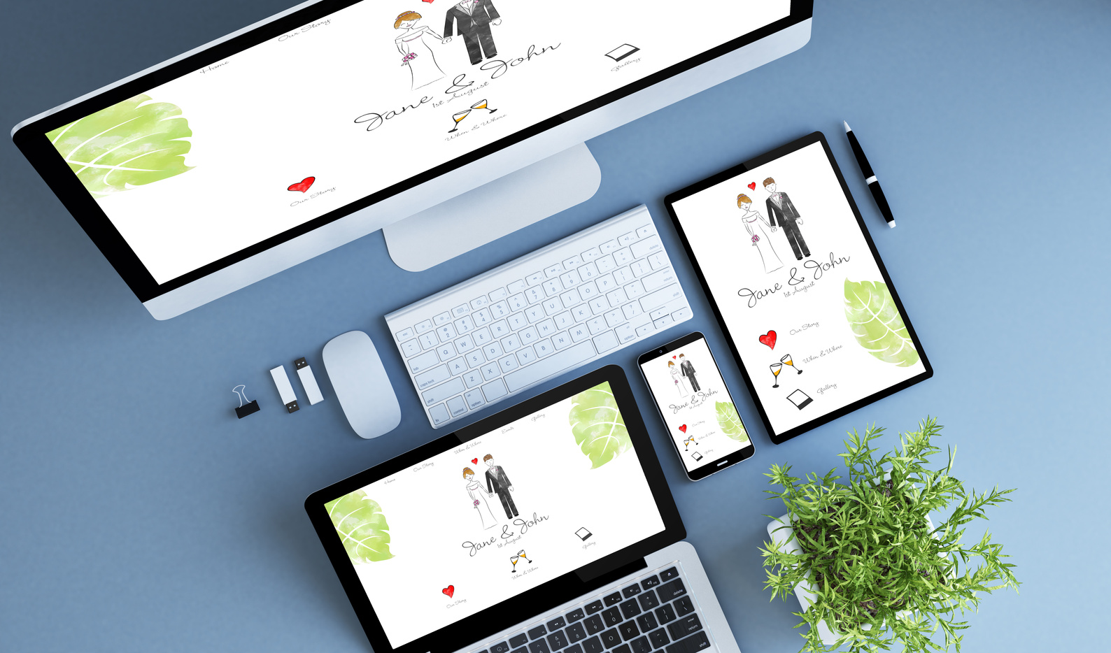 top view blue devices wedding website